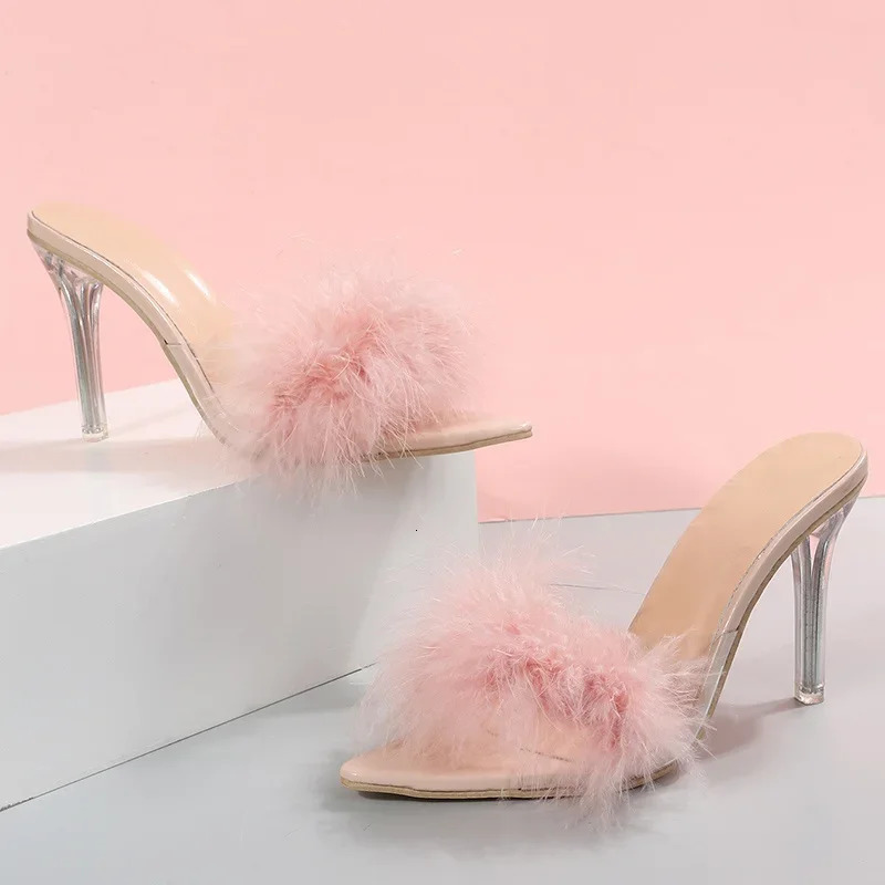 Womens Slippers Pink Feather Peep Toe Pointed Slippers Sexy Slip on Clear Heel Slides Women Thin Heels Summer Footwear 250723