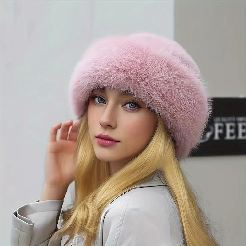 Winter Thick Warm Furry Beanies Hat Women Fashion Mink Fur Russian Cap Solid Color Plush Brimless Cap Brimless Ski Hat 250725