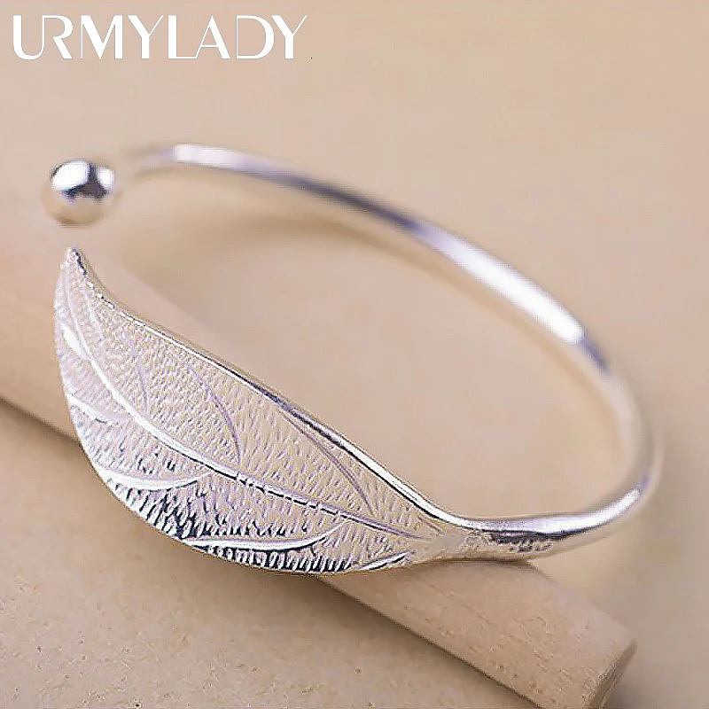 Fashion 925 Sterling Silver Woman Cuff Bracelet Open Leaf Shaped Adjustable Charm Bangle Girls Party Jewelry Christmas Gifts 250725