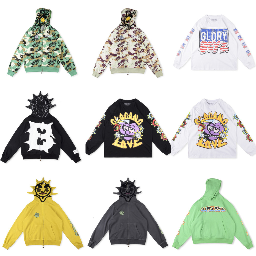 Glo Gang Designer mens hoodie Street Glory Full Glo Cartoon Print Zipper Sweatshirt Pants Unisex Y2K Camouflage Hooded Streetwear GLO GANG Tracksuit
