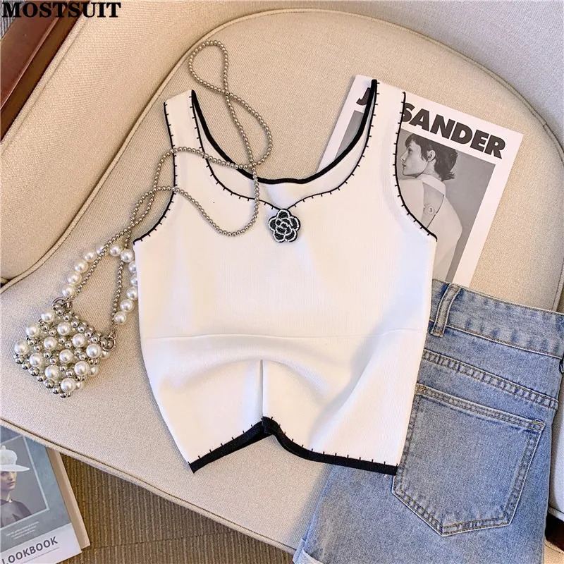 Sexy Vintage Slim Knit Sweater Vests Women Flower Beaded Sleeveless Crop Tops Summer Elegant Stylish Fashion Chic Knitwear 250724