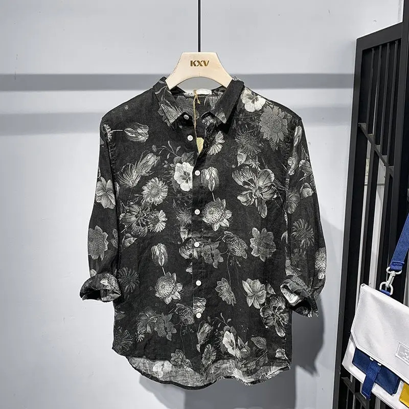 Spring Autumn Fashion Turn-down Collar 3/4 Sleeve Printing Floral Blouse Mens Clothing Loose Korean Trend Button Thin Shirt 250724