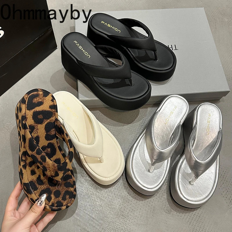 Leopard Platform Womens Slippers Clip Toe Wedges Heel Summer Slides Casual Thick Bottom Street Style Shoes 250723