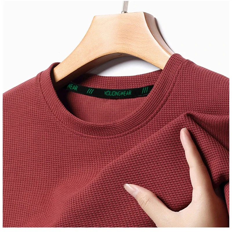 Summer O Neck Short Sleeve T-Shirts For Men Casual Waffle T-Shirt Mens Breathable Solid Tops Fashion T Shirt Tee Men Clothing 250724