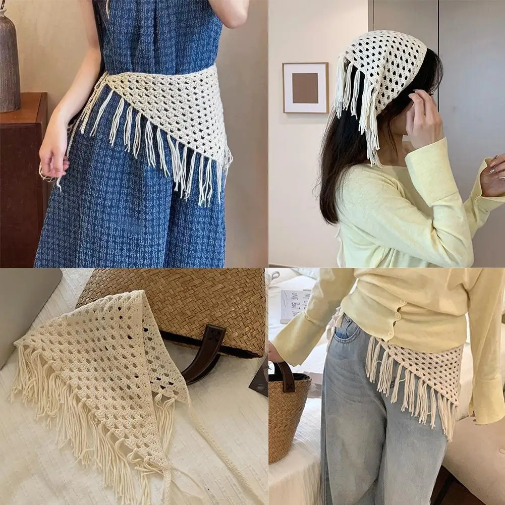 Girl Style Hollow-Out Tassel Scarf Womens Fashion Triangle Wrap Spring Layering Lace-Up Waist Scarf Boho Curtain Accessory 250723