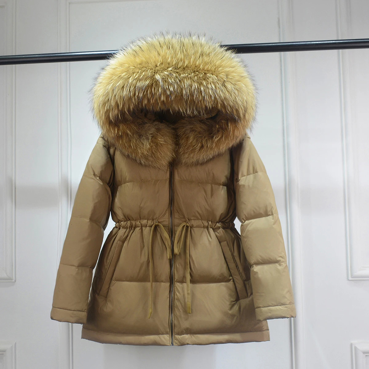 Janveny Winter Puffer Jacket Women Large Natural Raccoon Fur Hooded 90% Duck Down Coat Female Warm Sash Tie Waterproof Parkas 250724