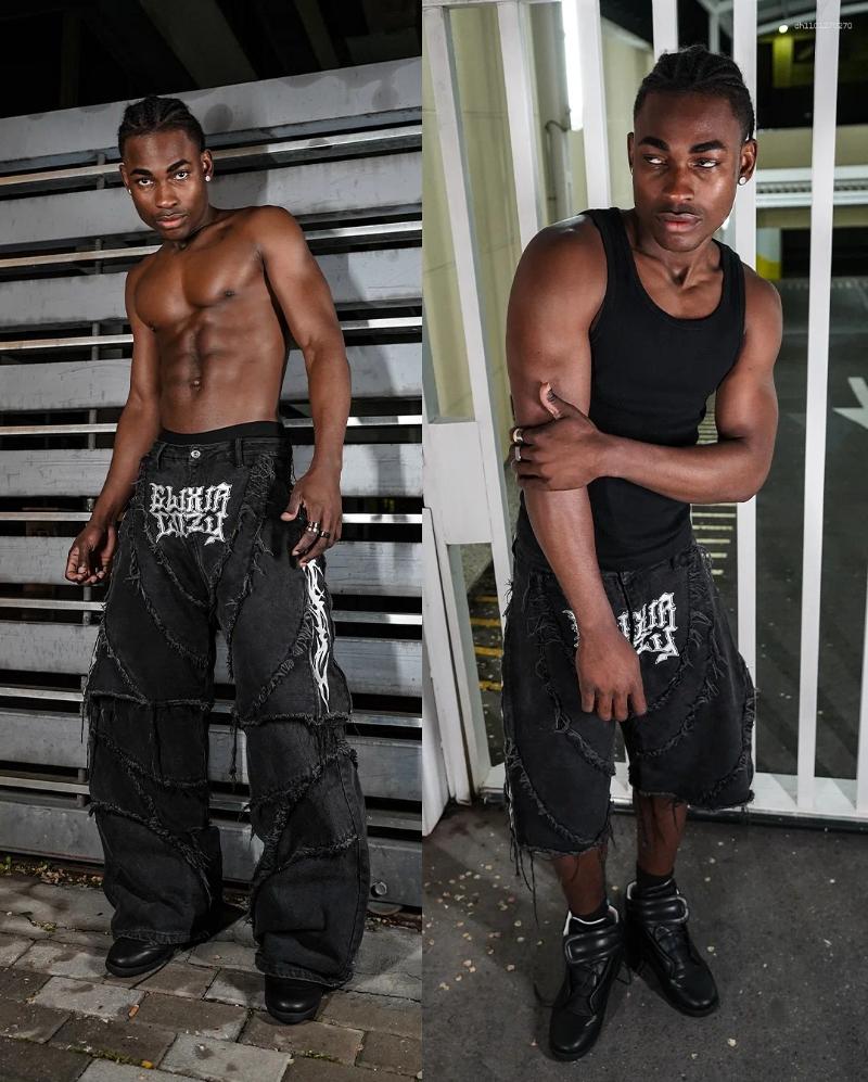 Men's Jeans America Vintage Punk Zipper Patchwork Y2k Retro Hip Hop Fur Edge Embroidery Splicing Denim Pants Baggy Men Women Shorts