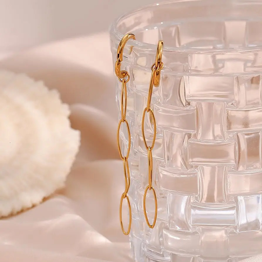 Minimalist Female Stainless Steel 18K Gold Plated Oval Paper Clip Chain Earring Jewelry Small Gold Long Earring 250715
