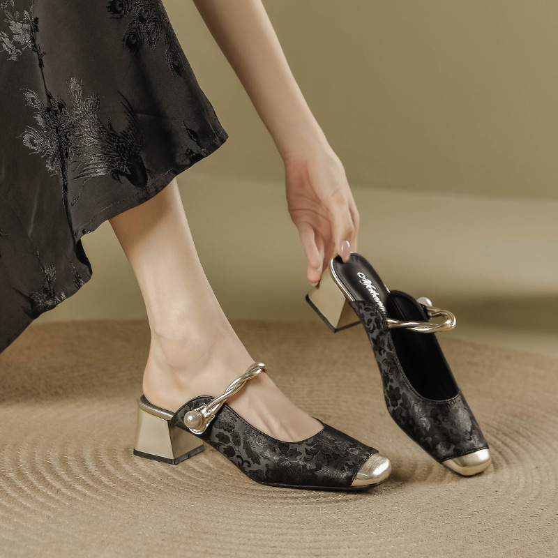 Slippers Woman Elegance Soft Low Heel Shoes Party Mary Jane Shoes Loafers Casual Square Toe Shoes Women Designer Stylish Fashion Single Shoes