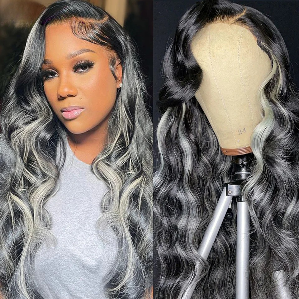 13X4 Silver Grey With Black Highlight Wig Human Hair Body Wave 30 Inch Lace Frontal Wigs Ready To Wear For Women Highlight Grey Color Synthetic Wigs
