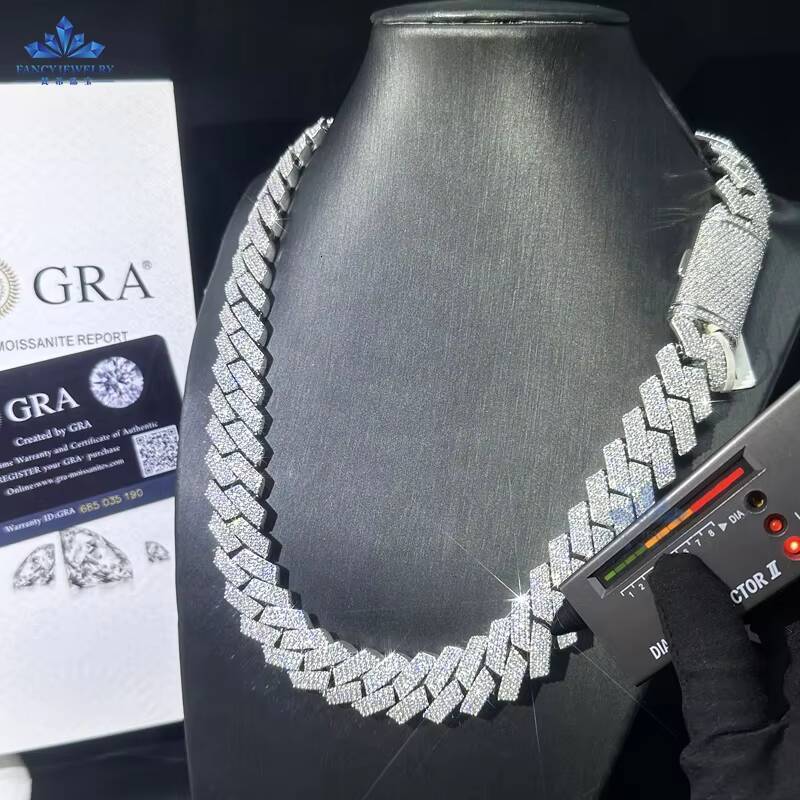 Hip Hop Jewelry 3 Rows 18mm Width Men Cuban Link Classic Design 925 Sterling Silver Round Cut Moissanite Cuban Necklace