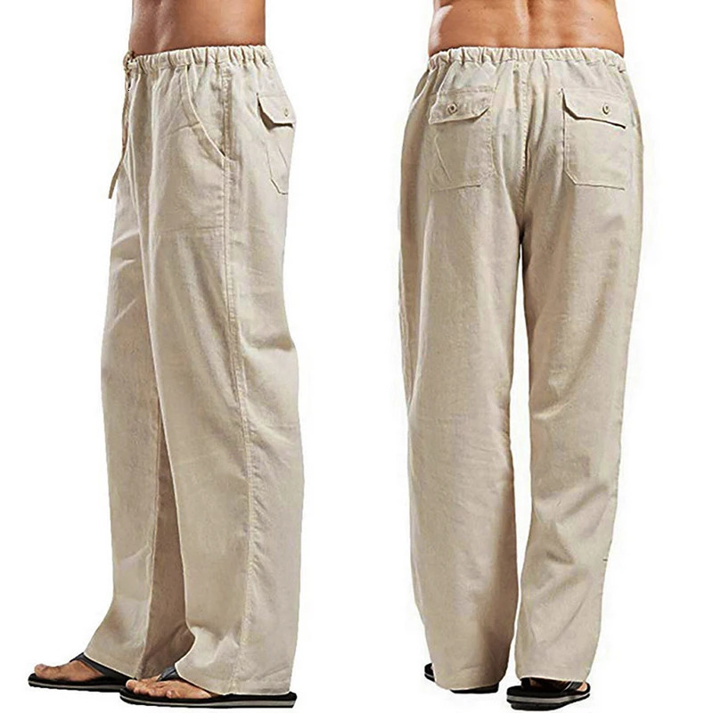 S-5XL Solid Color Multi-pocket Drawstring Loose Straight Men Pants Large Size Casual Breathable Comfortable Linen Summer Trouser250724