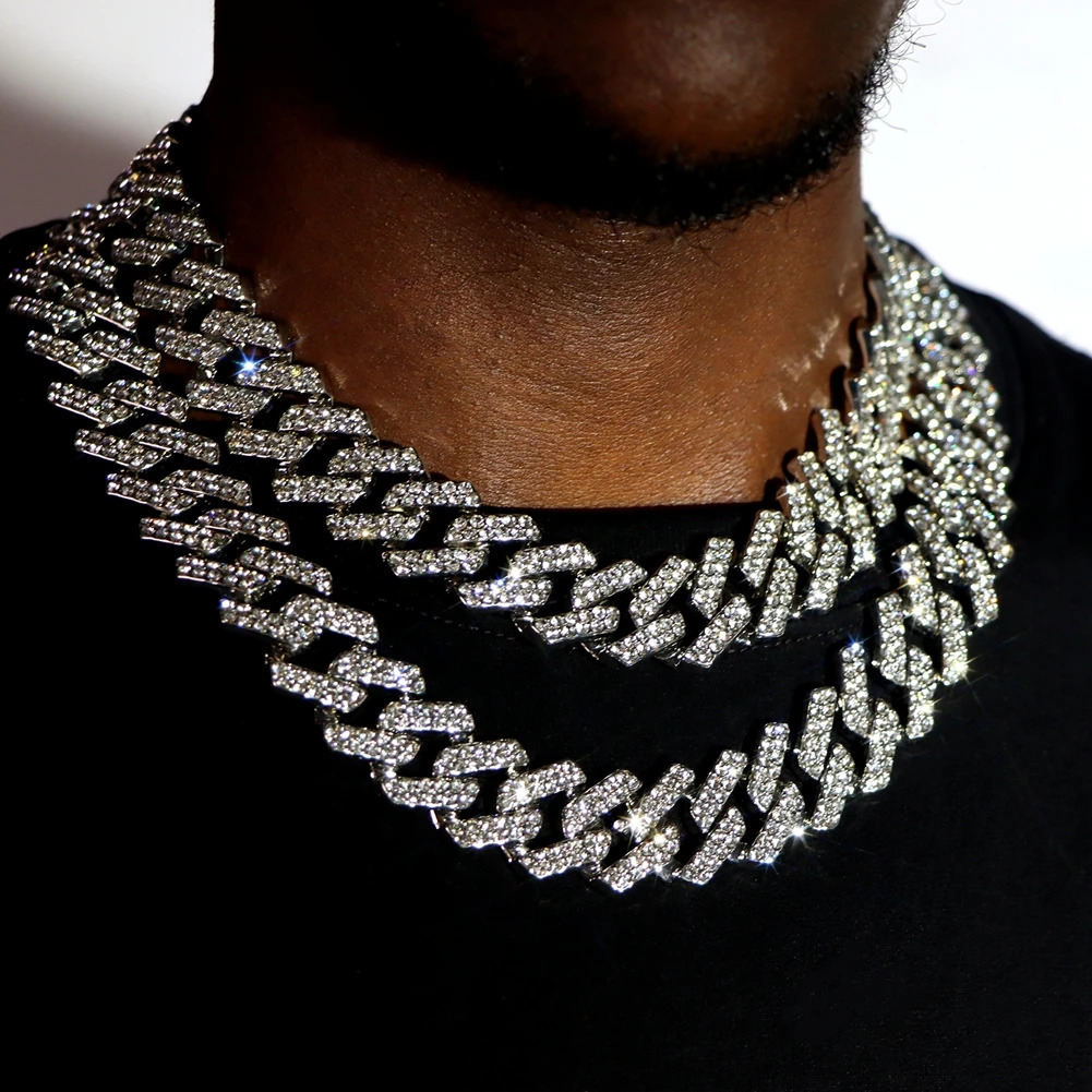 Punk Hip Hop Iced Out Rhinestones Cuban Chain Necklace For Men Women Bling Crystal Prong Cuban Link Choker Necklace Jewelry Gift 250724