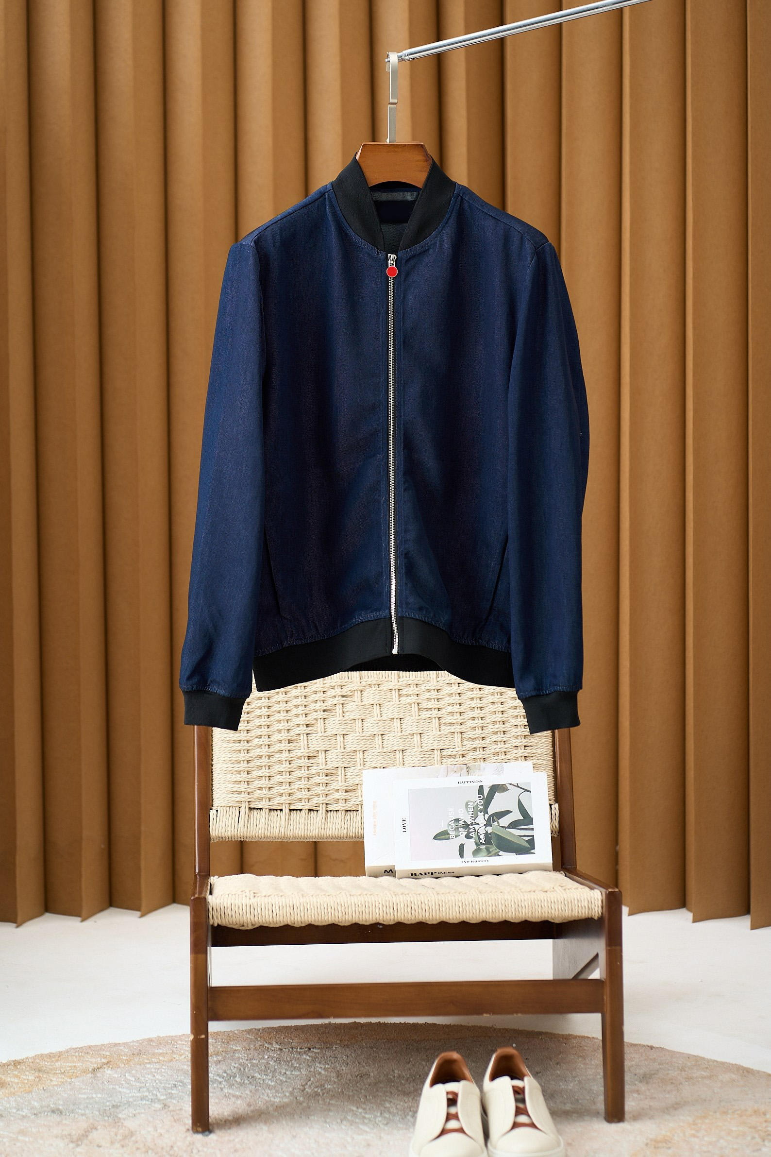 Casual Dark Indigo Denim Zip Up Jacket for Men Featuring Ruggedly Styled Collar