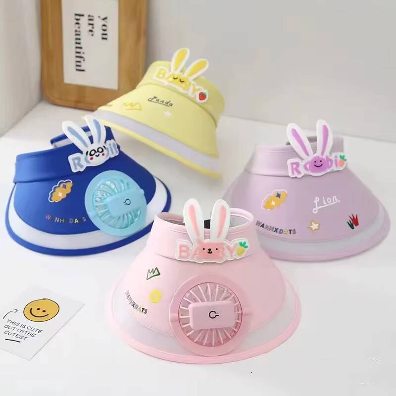 2-14 Years Old Girls Boys Outdoor New Rabbit Ear Empty Top for Childrens Sunshade and Sunscreen Hat with Fan Summer ddmyshoesvip
