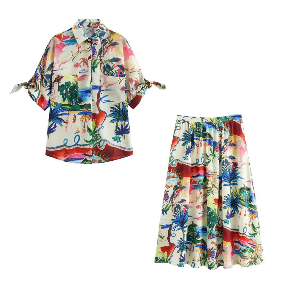 Zach Ailsa Summer Product Womens Fashion Printed Short sleeved Shirt High Waist Midi Half Skirt Casual Set 250724