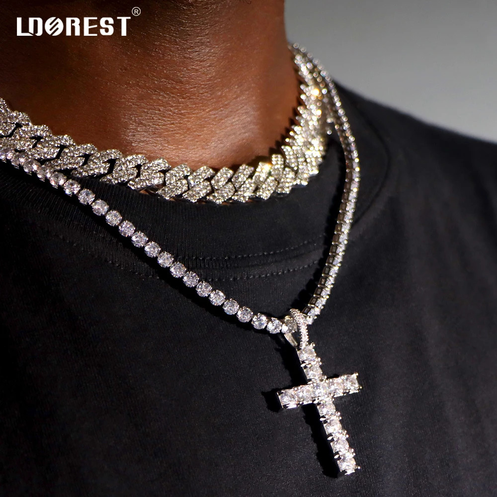 2Pcs Hip Hop Prong Cuban Link Chain Cross Necklace Men Women Bling Layered Cross Cuban Chain Necklaces Iced Out Hiphop Jewelry 250724