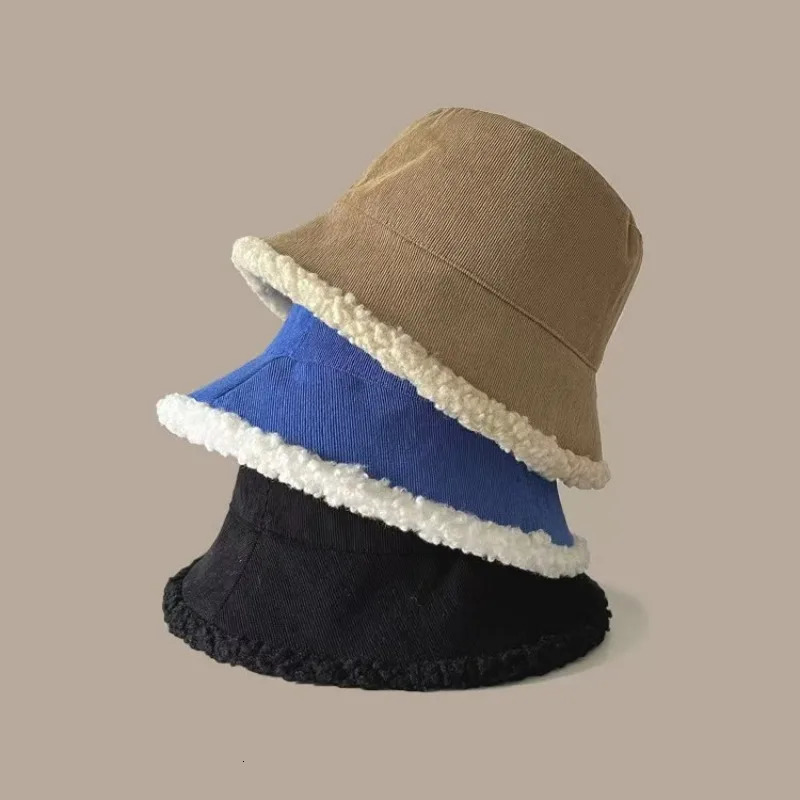 Fall Winter Fishermans Hat Children Double-sided Thickened Lamb Wool Japanese Fashion Warm Street Basin Hat Corduroy Bucket 250725