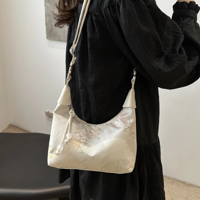 Sweet Embroidery Shoulder Bag Nylon Texture Pearl Pendant Crossbody Bag Small Bucket Handbag Women Canvas Cheongsam Bag 250724