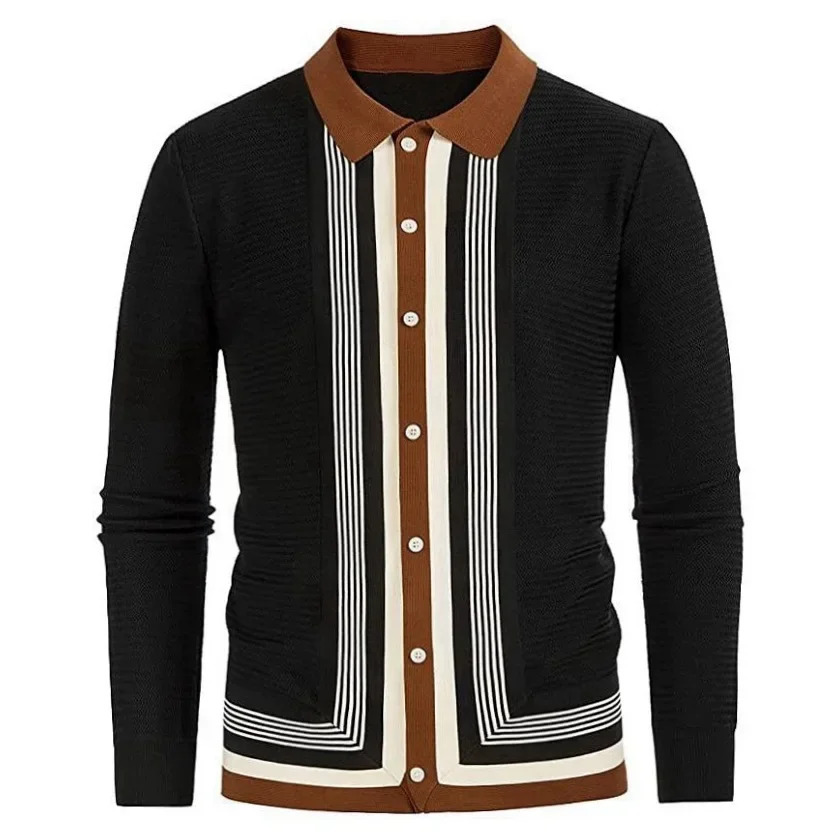 Europe and The United States Mens Summer Striped High-end Knitted Cardigan Long Sleeve Business Leisure Polo Shirt Men 250724