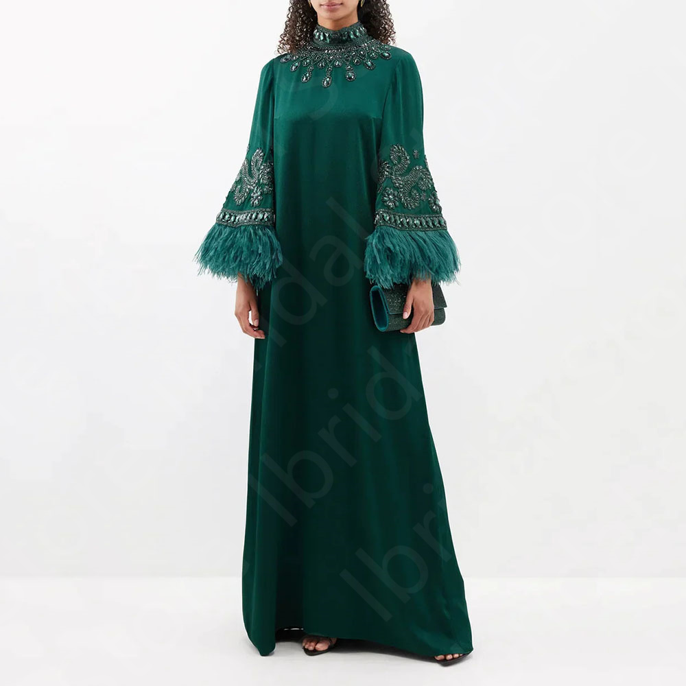 Gorgeous Arabic Evening Dresses Dark Green Feathers Prom Gowns Long Sleeves Long Dress High Neck Crystal
