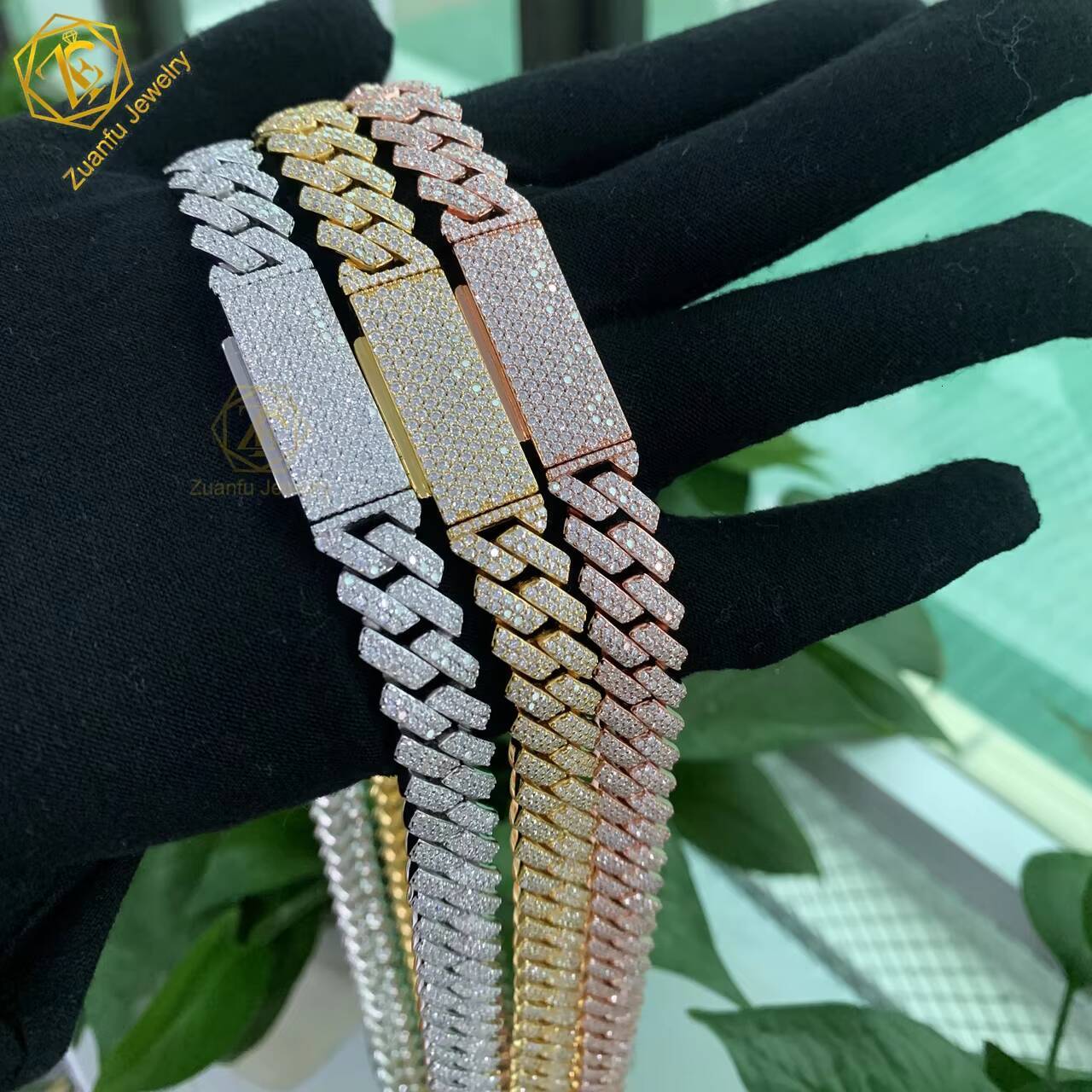Hot Selling Iced Out 2rows 12mm VVS Moissanite Cuban Link Chain Pass Diamond Tester GRA Hip Hop 925 Silver Cuban Chain Necklace