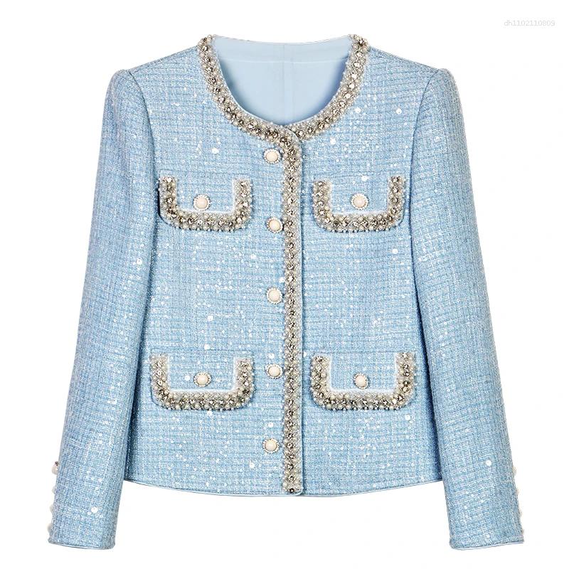 Women's Knits Fashion Glacier Blue Woven Wool Heavy Industry Nail Bead Sequins Celebrity Temperament Small Fragrance Style Jacket