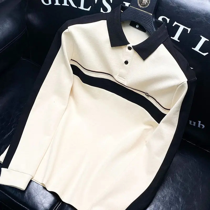 Korean Trendy Autumn and Winter Mens Versatile Patchwork Contrast Polo Shirt Button Fashion Slim Long Sleeve T-shirt Bottom Top 250724