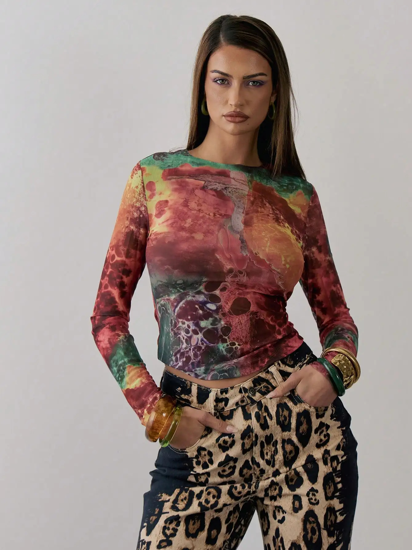 Europe and the United States Womens Spring Mesh Tie Dye Trend Round Neck Long Sleeve Top Crop Tight T-shirt 250725