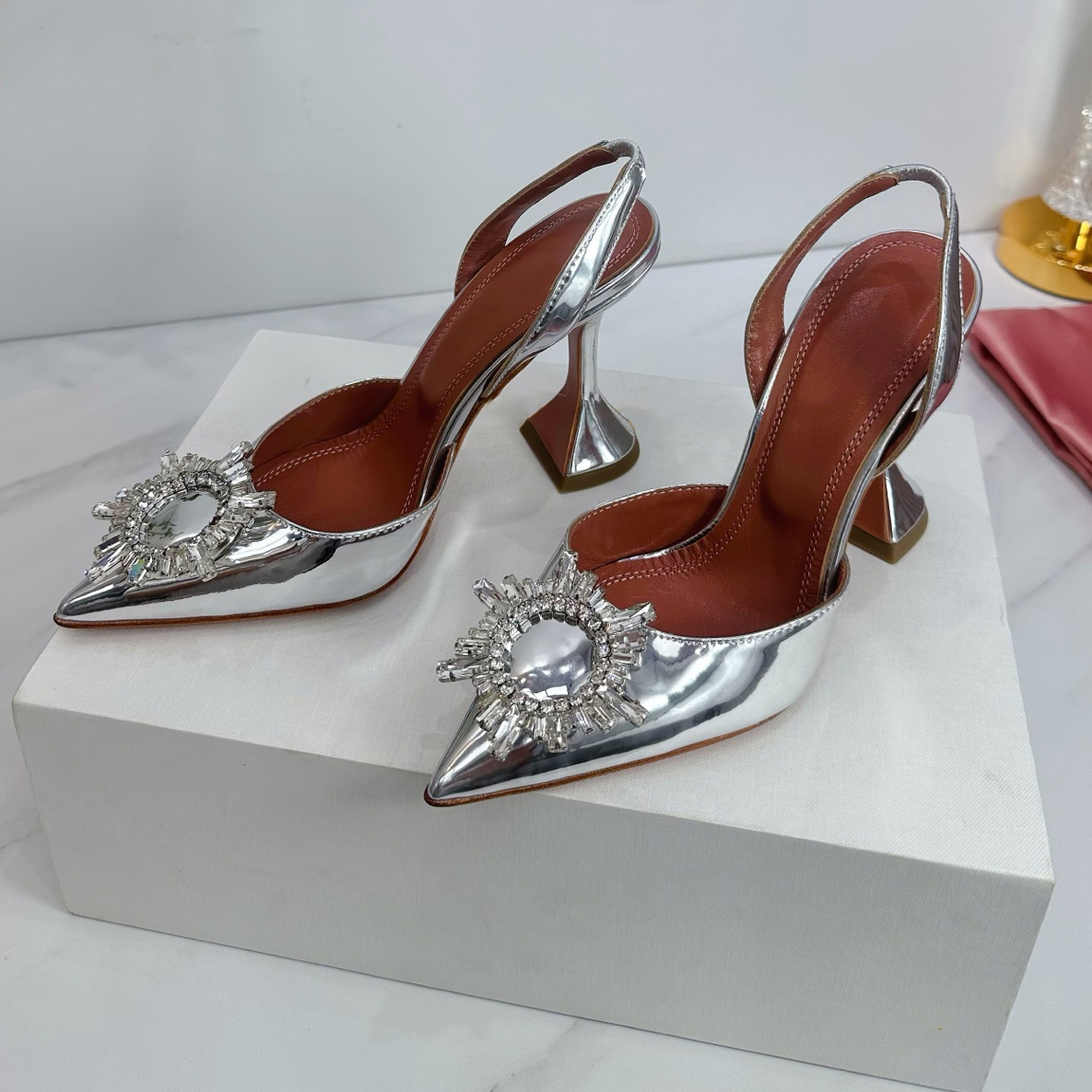 Designer women new pointed toe high Heels Shine Evening shoes Close toe Slingback sandals Luxury dress shoes Crystal-cut graphic embellished Factory