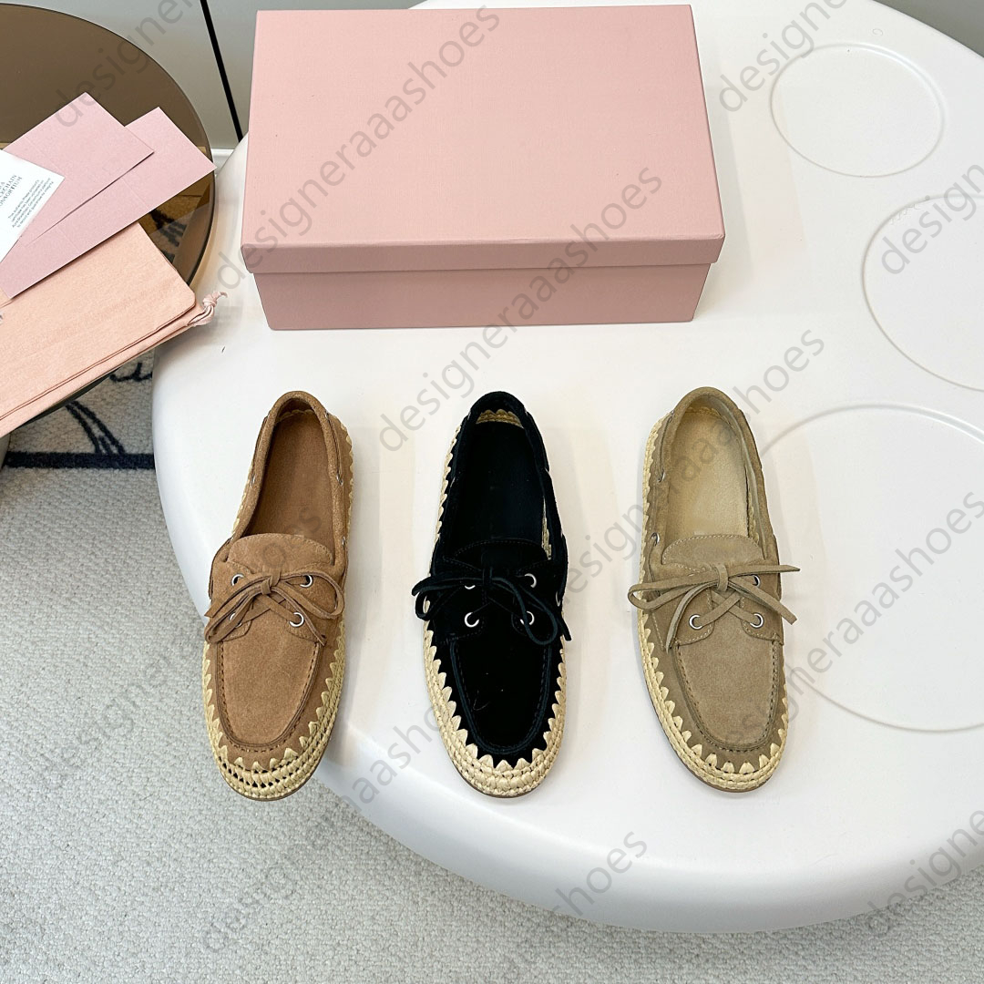 New Bow straw loafers suede sneakers women Pointed Toes dress shoes Cow suede Outdoors Shoes Loafers Real Leather Luxury designer Shoes mirror quali