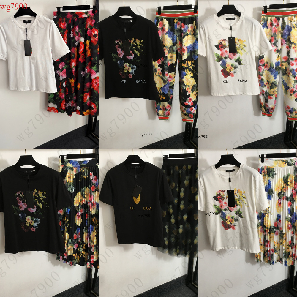 Women's Two-Piece Designer High-Quality Set Short Sleeve Long Pants Skirt Printed Pattern Rich Colors Loose Design Slimming Women's Set