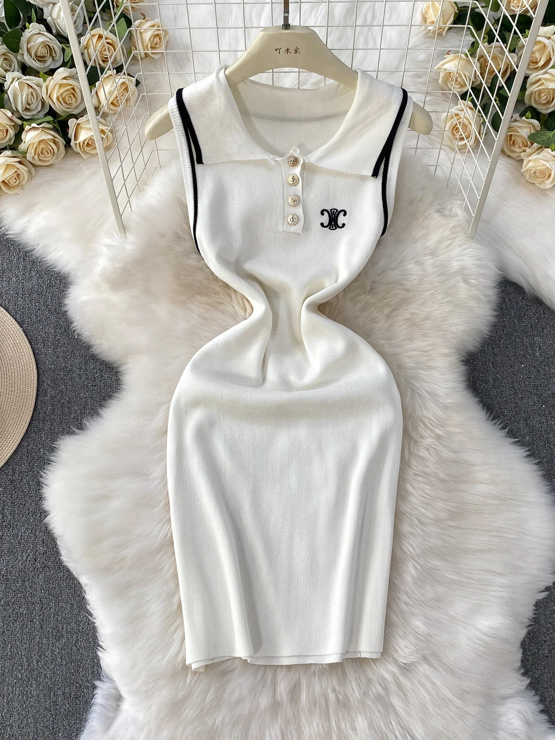 Summer Collar Svel Knitted Dr Womens Slim Fit mid Length Skirt High Waist Button Sle Commute Korean Version 250724