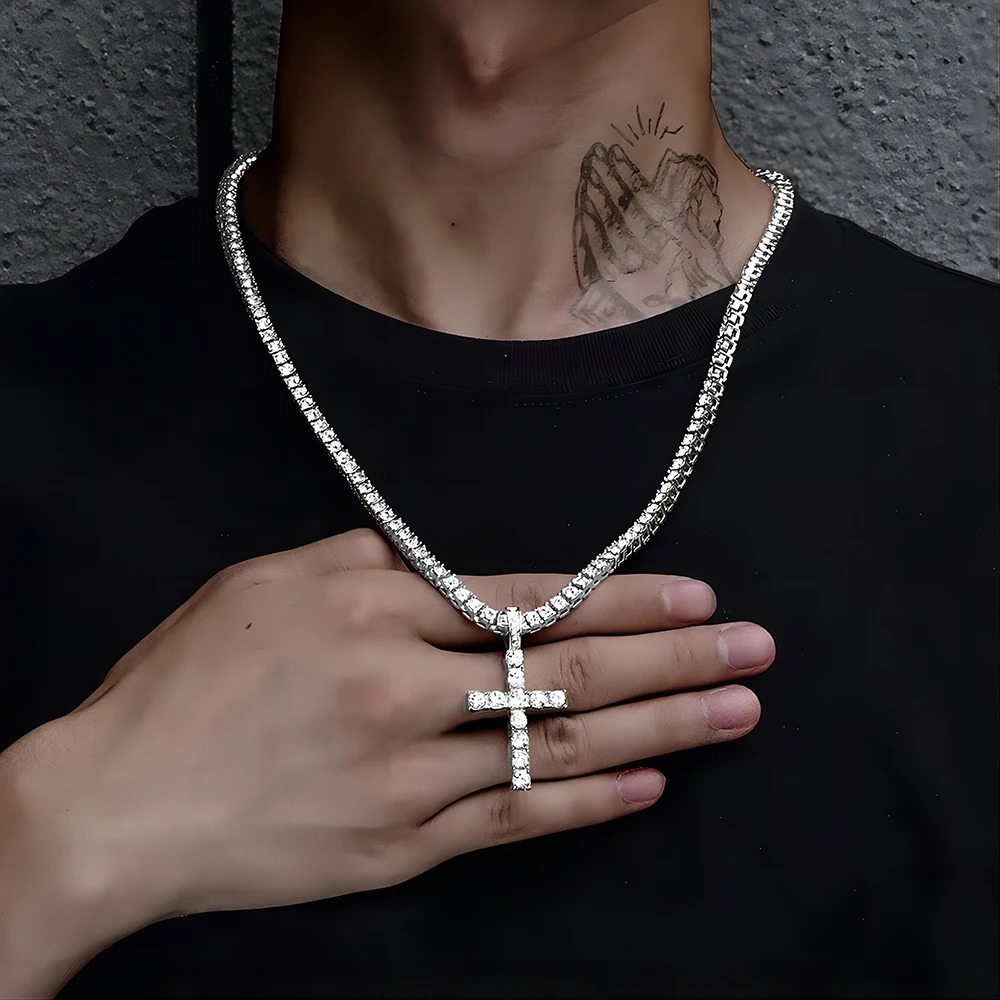 Men Women Hip Hop Cross Pendant Necklace With 4mm Zircon Tennis Chain Iced Out Exquisite Bling Jewelry Fashion Trendy Creative 250725