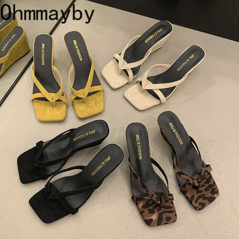 Summer Wedges Heel Women Slippers Fashion Leopard Print Open Toe Slide Ladies Elegant Clip Toe Sandalias 250723