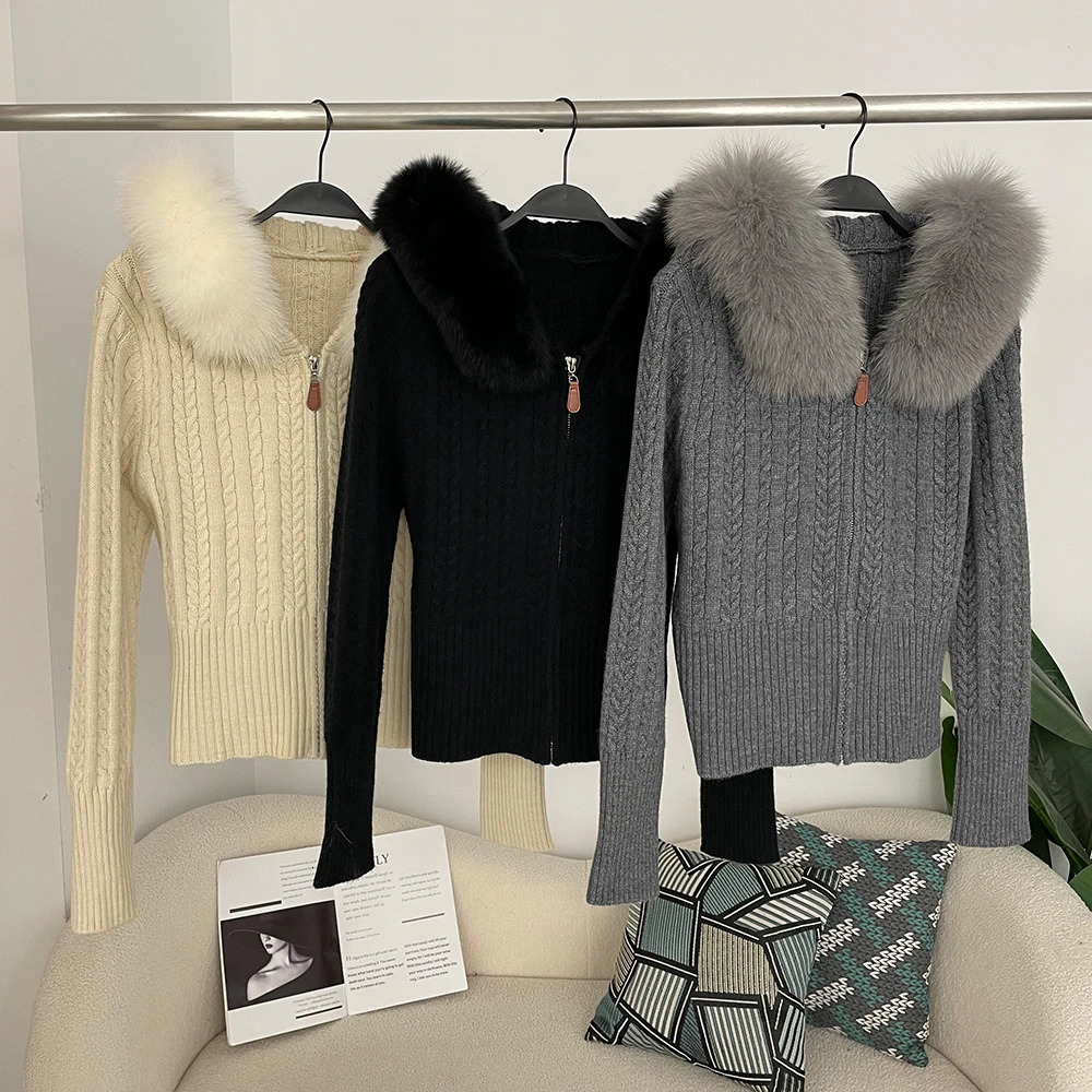 Knitwear Patchwork Fur Women Spring Sweet Furry Trim Hooded Knitted Cropped Cardigans Slim Zipper Sweaters Autumn Lady 250724
