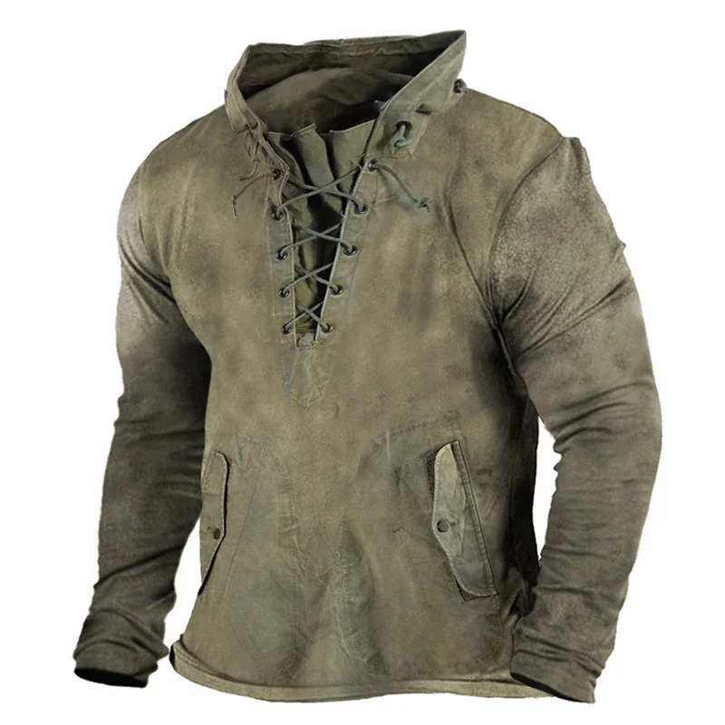 Mens Summer Tactical Longsleeved Tshirt Outdoor Retro Laceup Hooded Cool Top Plus Size Solid Color Hiking Fishing Hoodie Man 250725