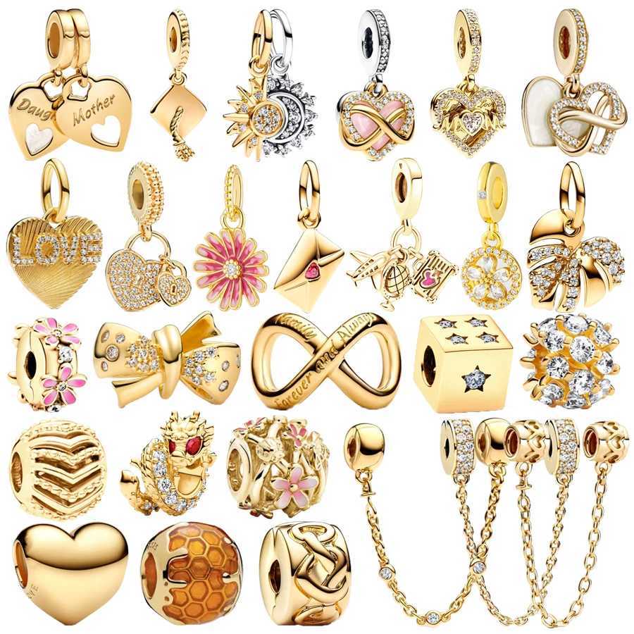 2025 NEW Sparking Gold Plated Charm Beads Fit Original 925 Silver Bracelet DIY Jewelry Gift Bow Double Heart Split Dangle XJ250726