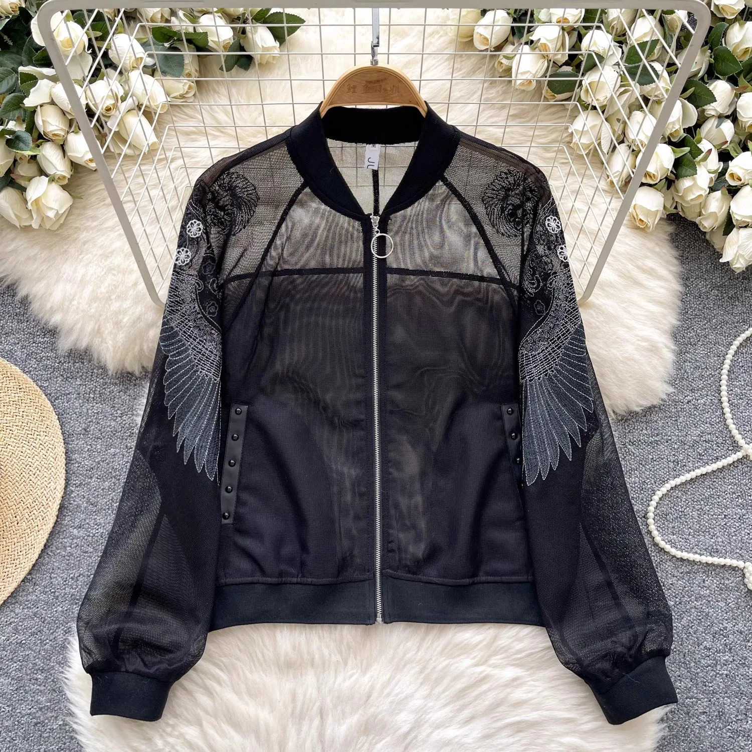 Spring Vintage Embroidery Mesh Perspective Baseball Jackets Womens Loose Black Coats Tops Long Sleeve Zipper Jacket Sweatshirt 250721