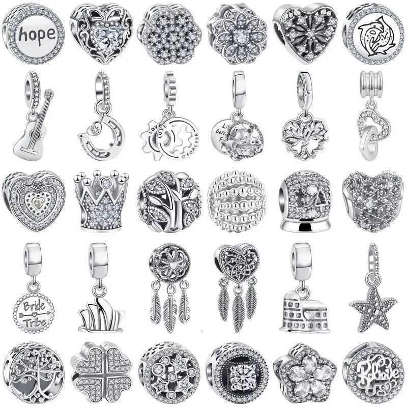 100% S925 Sterling Silver Crown Guitar Dolphin Dreamcatcher Flower Heart Beads Fit Original Pendant Charms Bracelet Jewelry Gift XJ250726