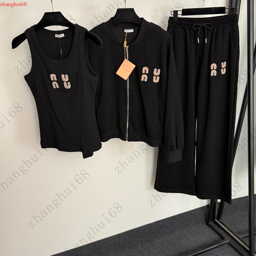 Women's Three-Piece Designer Set Sleeveless Vest Wide Shoulder Straps Slimming Sports Jacket Long Pants Casual Versatile High-Quality Three-Pie