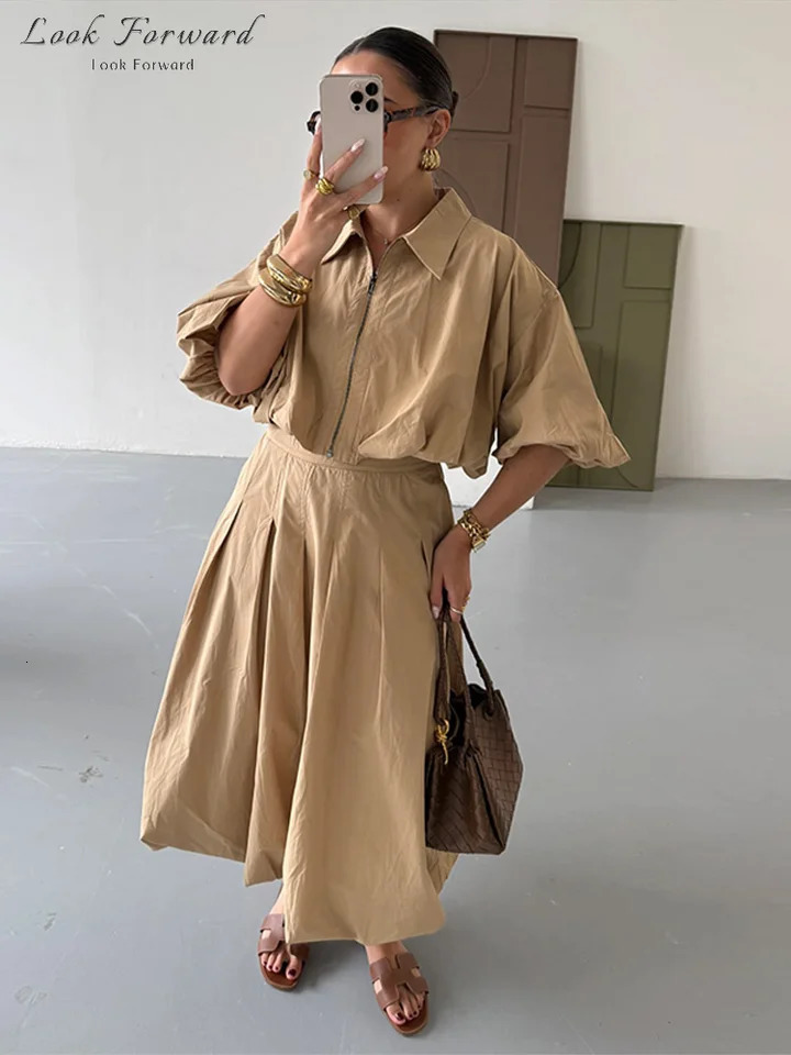 Casual Long Skirt Suit Women Spring Autumn Loose Lapel Zippers Jacket A-line Skirts Set Woman Lantern Sleeve Yellow Sets Lady 250721