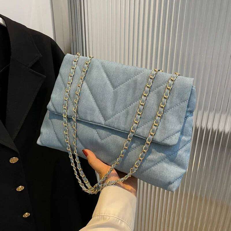 Luxury designer quilted tote fashion solid color jeans denim bags shoulder crossbody bag girls chain handbag