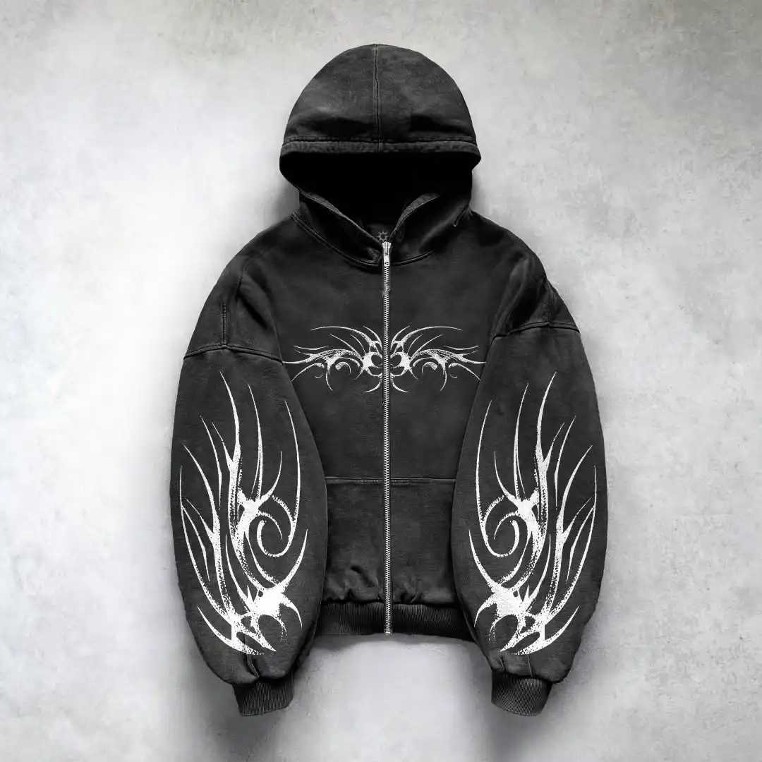 Hip Hop Mens Zipper Hoodie Black Gray 3D Dark Print Pattern Y2k Gothic Harajuku Autumn Loose Fashion Personality Street Hoodie J250725