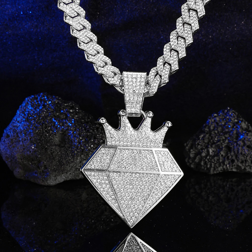 Hip Hop Iced Out Crown Pendant Necklace With 13mm Rhinestone Cuban Chain Bling Necklaces Men Women Fashion Charm Jewelry Gift 250724