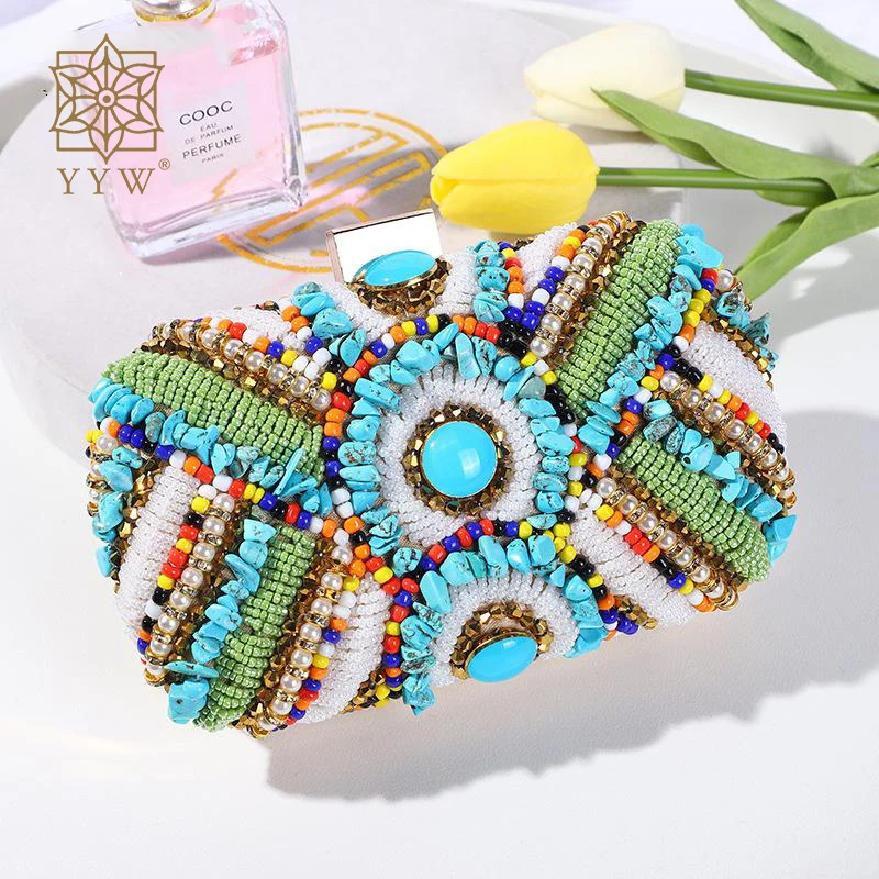 Bohemia Beading Evening Clutch Bag Contrast Colors Summer Hand Bags Wedding Bridal Party Purse Clutch Purse Pochette Femme 250723