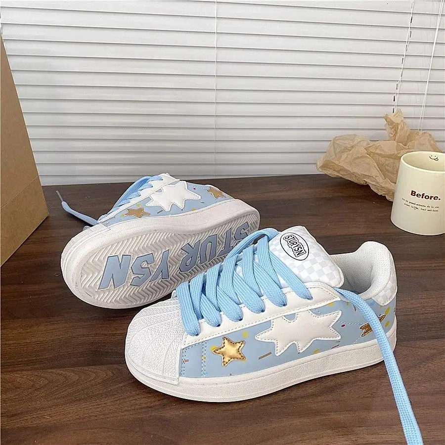 Women Vintage Breathable Star Sneakers White Shell Shoes Thick Heel Cute Sneakers Casual Running Platform Y2K Lolita Sport Shoes 250811