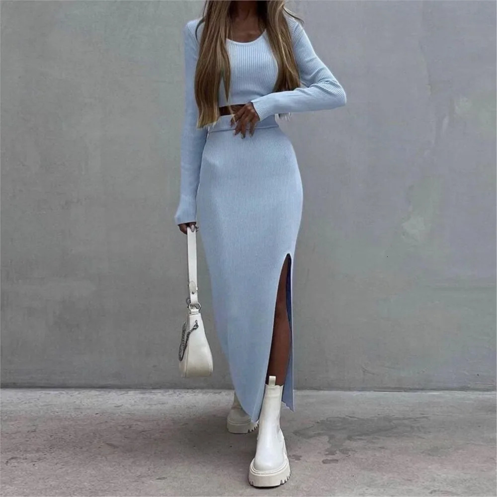 Autumn Winter Womens Knitted Stretch Skirt 2-piece Set Ultra-short Sexy T Shirt Half Length Hip-hugging Slit Skir Two-piece Set 250721