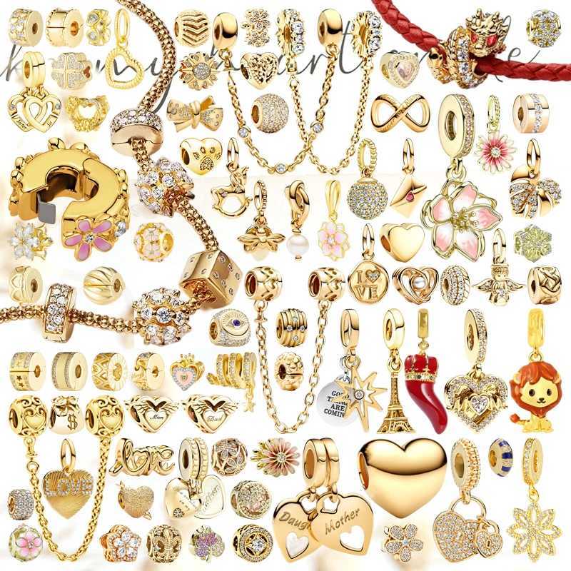 Hot Sale Sparkling Gold Safety Chain Angel Heart Rose Flowers Charm Beads Fit Original 925 Silver Bracelet DIY Jewelry Gifts XJ250726