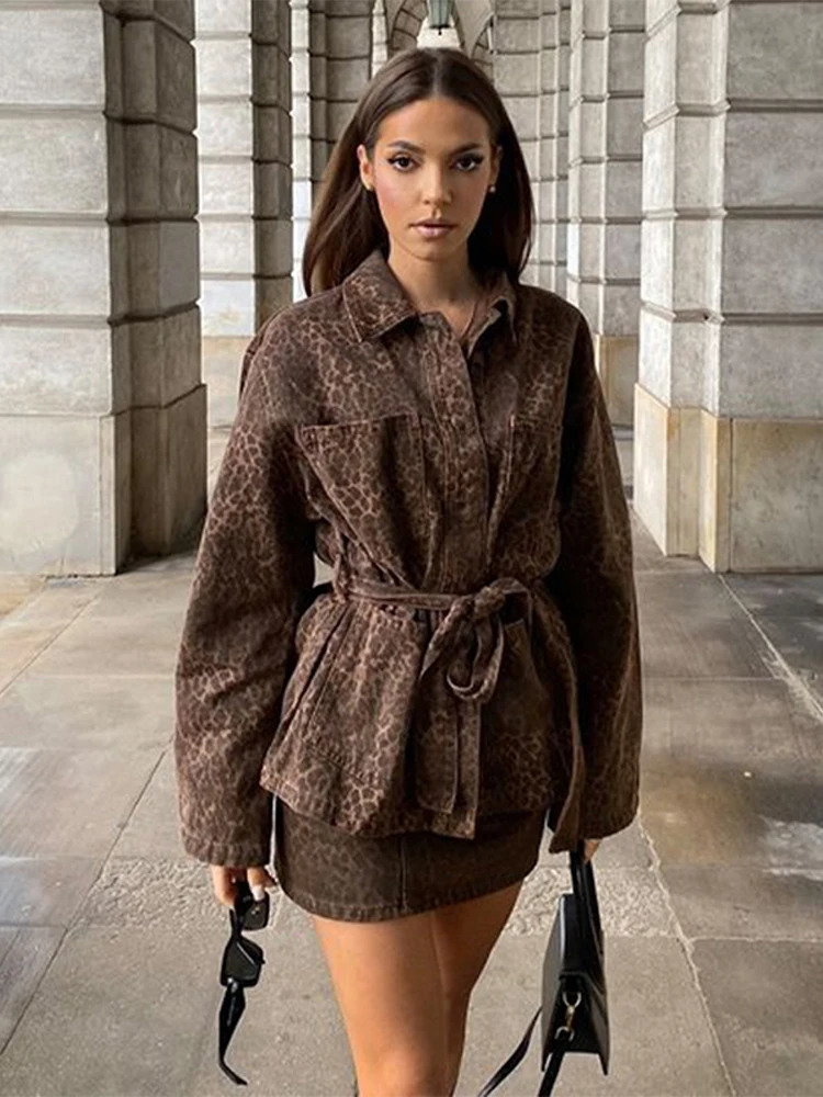 Vintage Street Leopard Print Jackets Women Casual Lapel Big Pockets Belt Coats Female Fashion Single Breasted Outerwear 250725